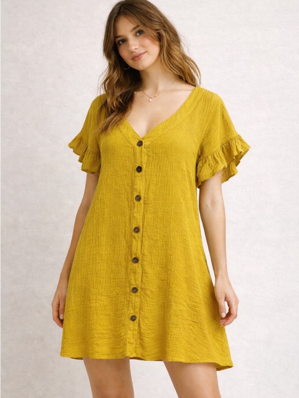 Umgee Mustard Yellow Gauze Mini Dress Small Boho‎ Button Front Flutter Sleeve